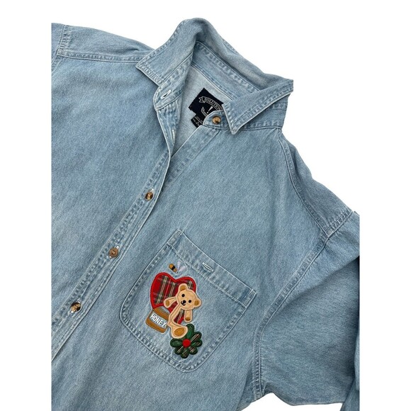 Solutions 80’sWoman Embroidered Denim Button Front Shirt S Blue Christmas‎ Large - Picture 1 of 8